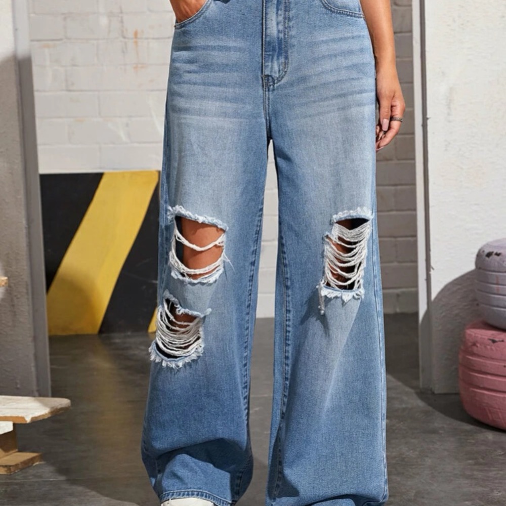 High waisted distress baggy jeans